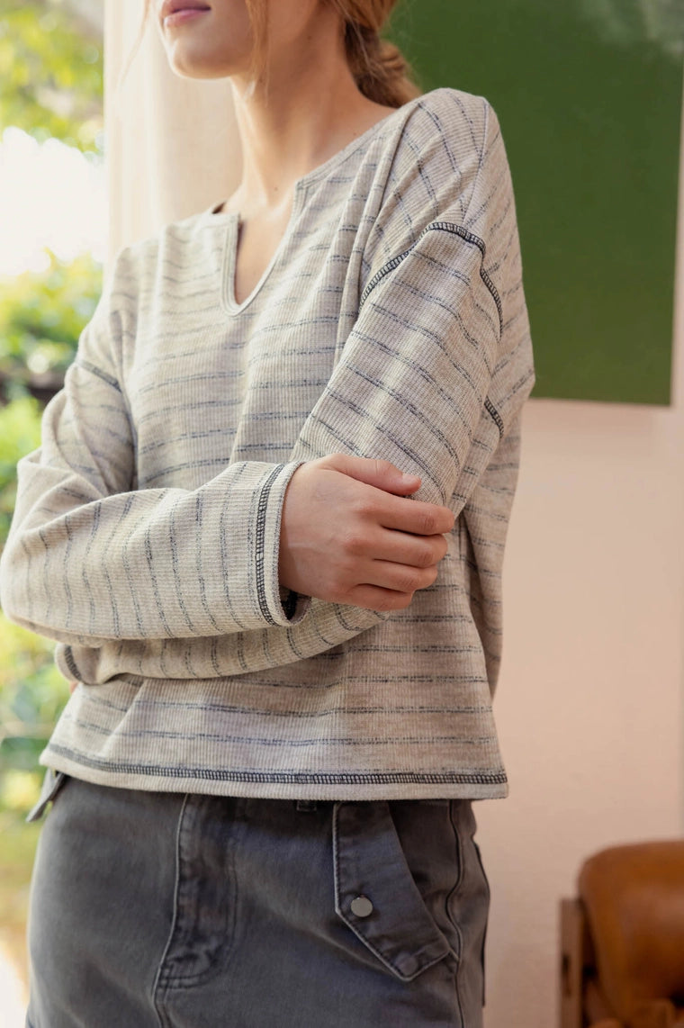 Split Neck Stripe Long Sleeve Top-Mocha