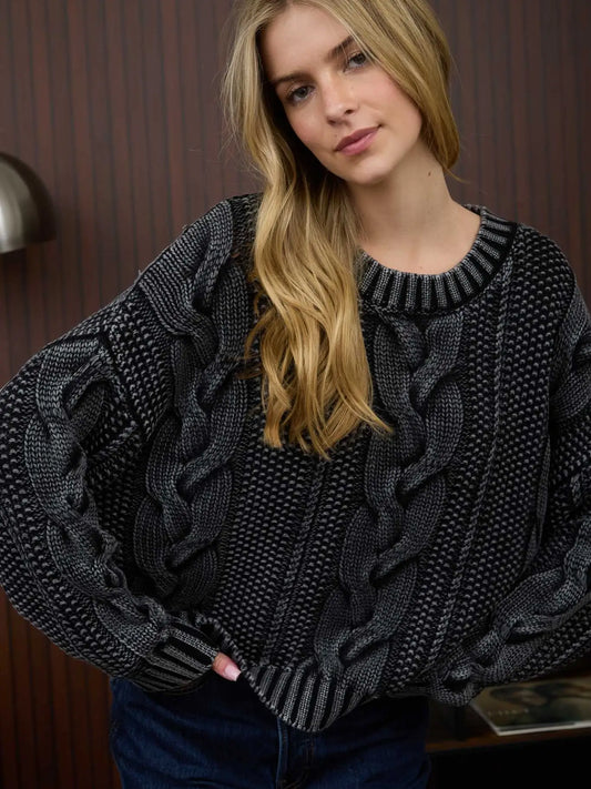 Washed Cable Knit Pullover Sweater