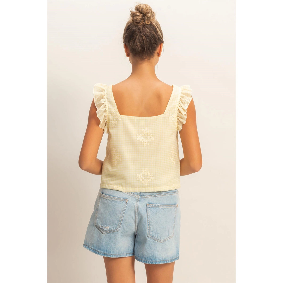 Embroidered Gingham Tie Front Top