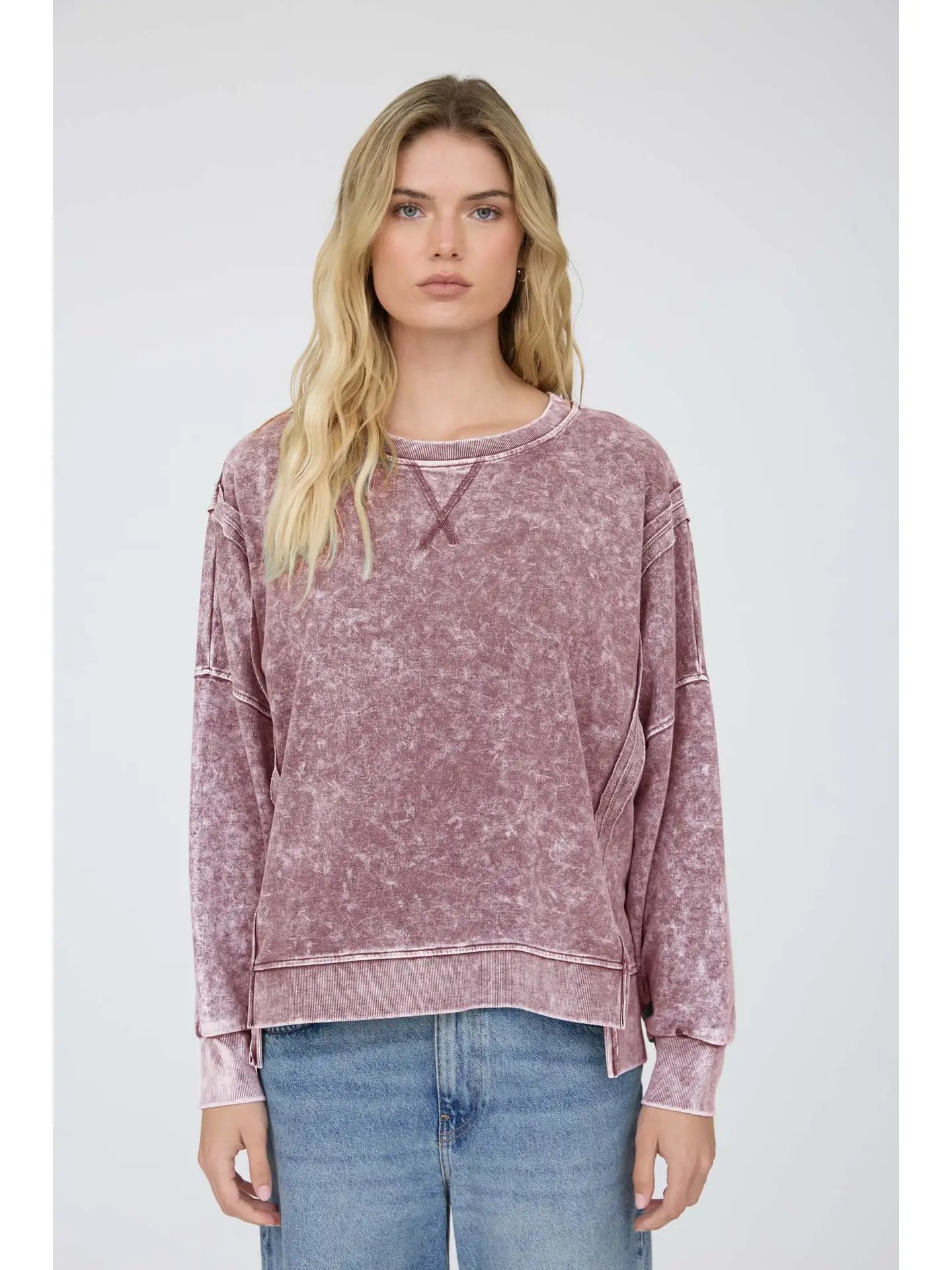 Acid Wash Side Slit Long Sleeve Top