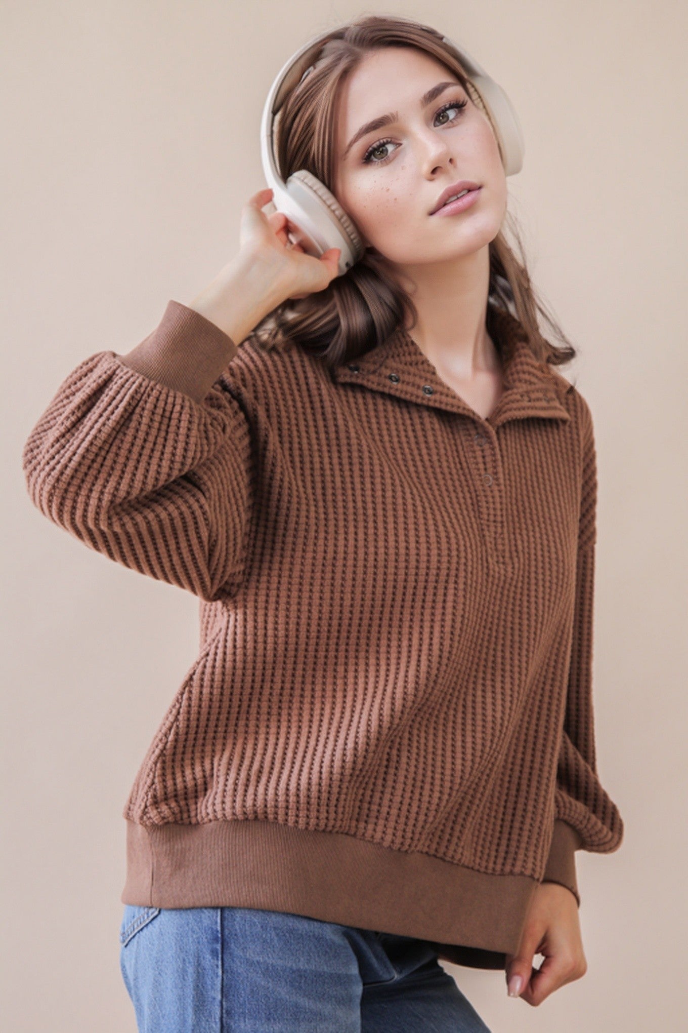 Half Button Waffle Top