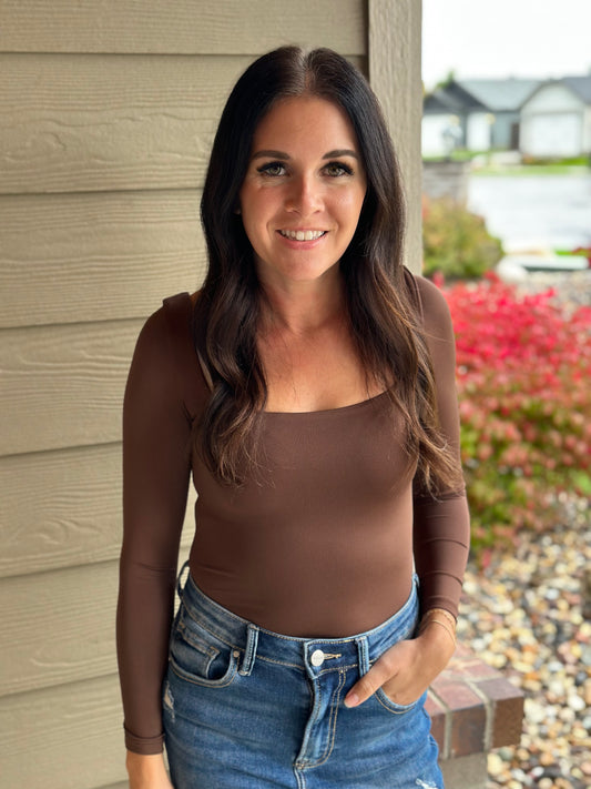 Square Neck Bodysuit-Brown