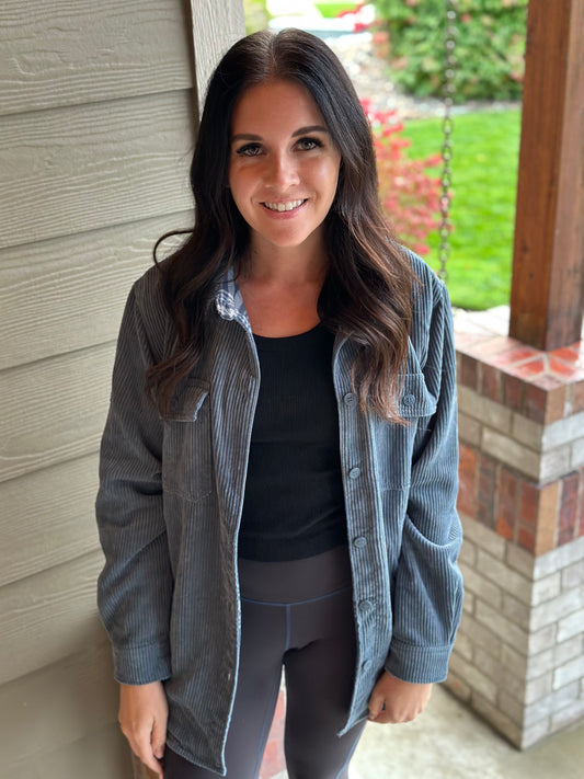 Reversible Plaid Jacket-Steel Blue