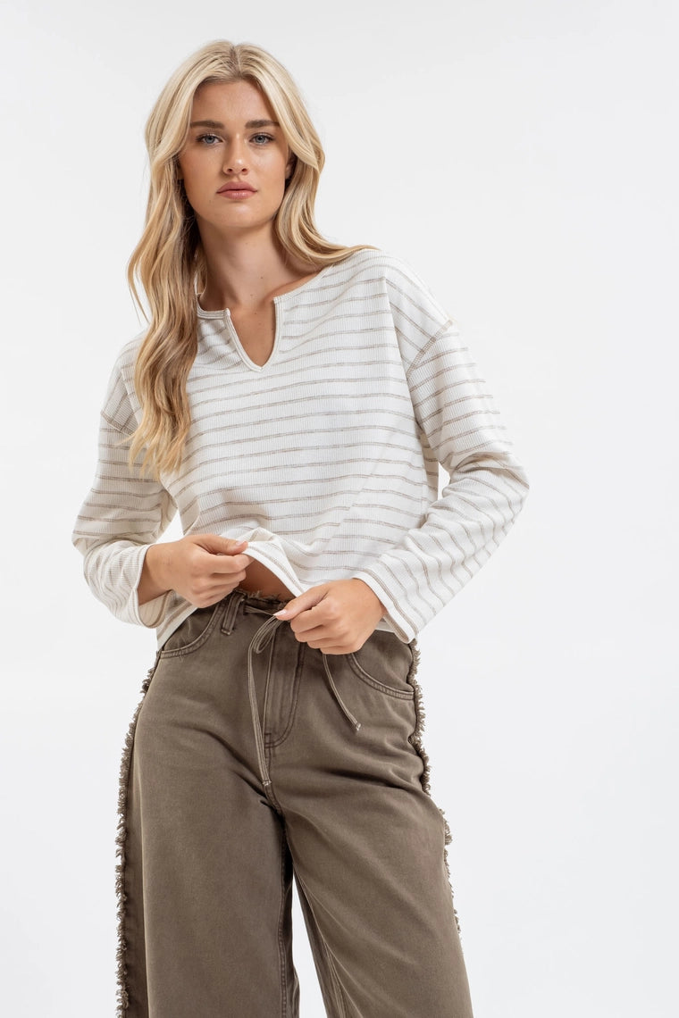 Split Neck Stripe Long Sleeve-Ivory