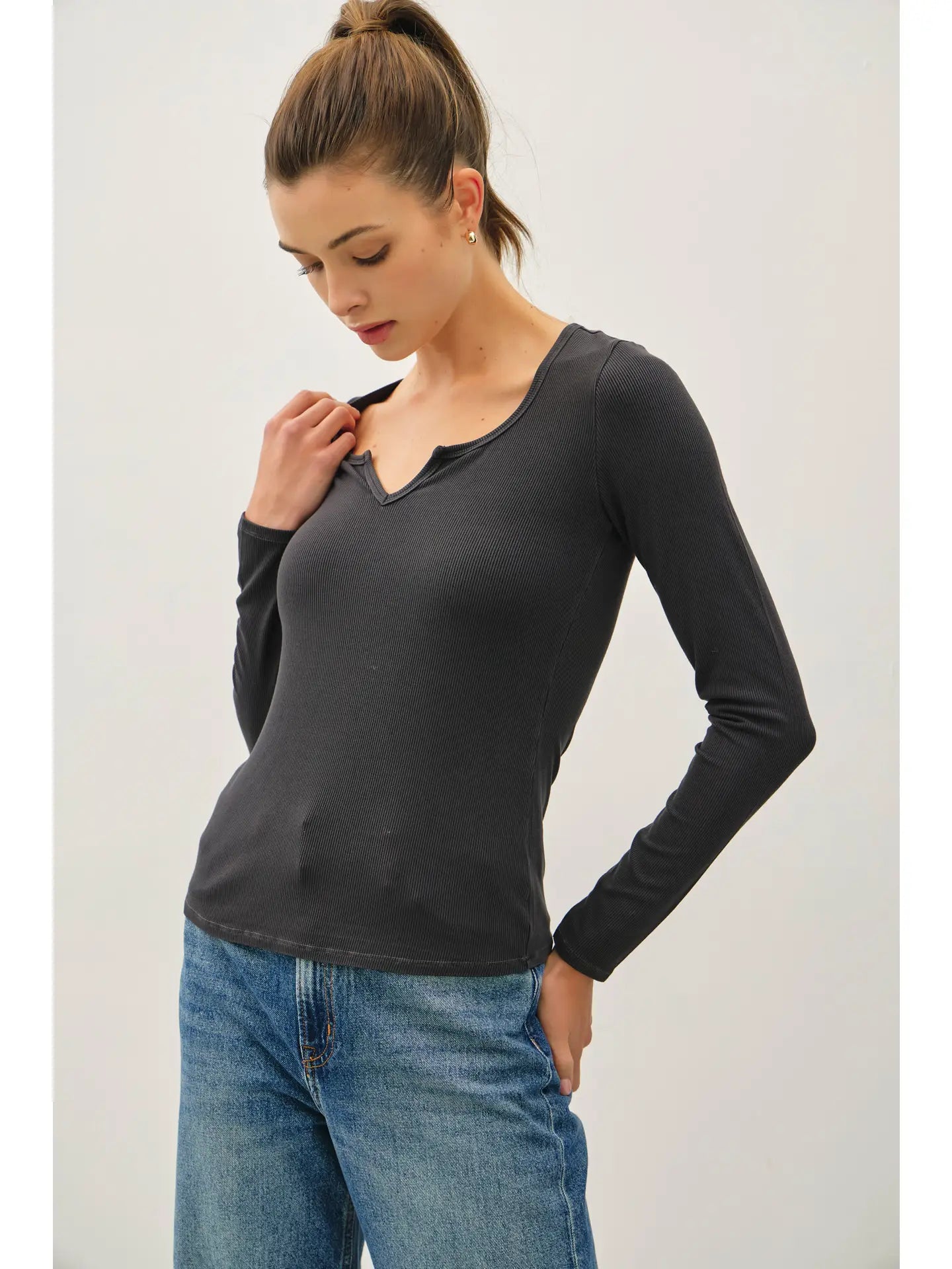 Ribbed Notched Neck Long Sleeve