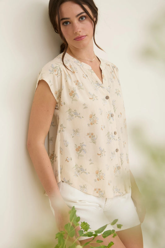Stripe Floral Button Top