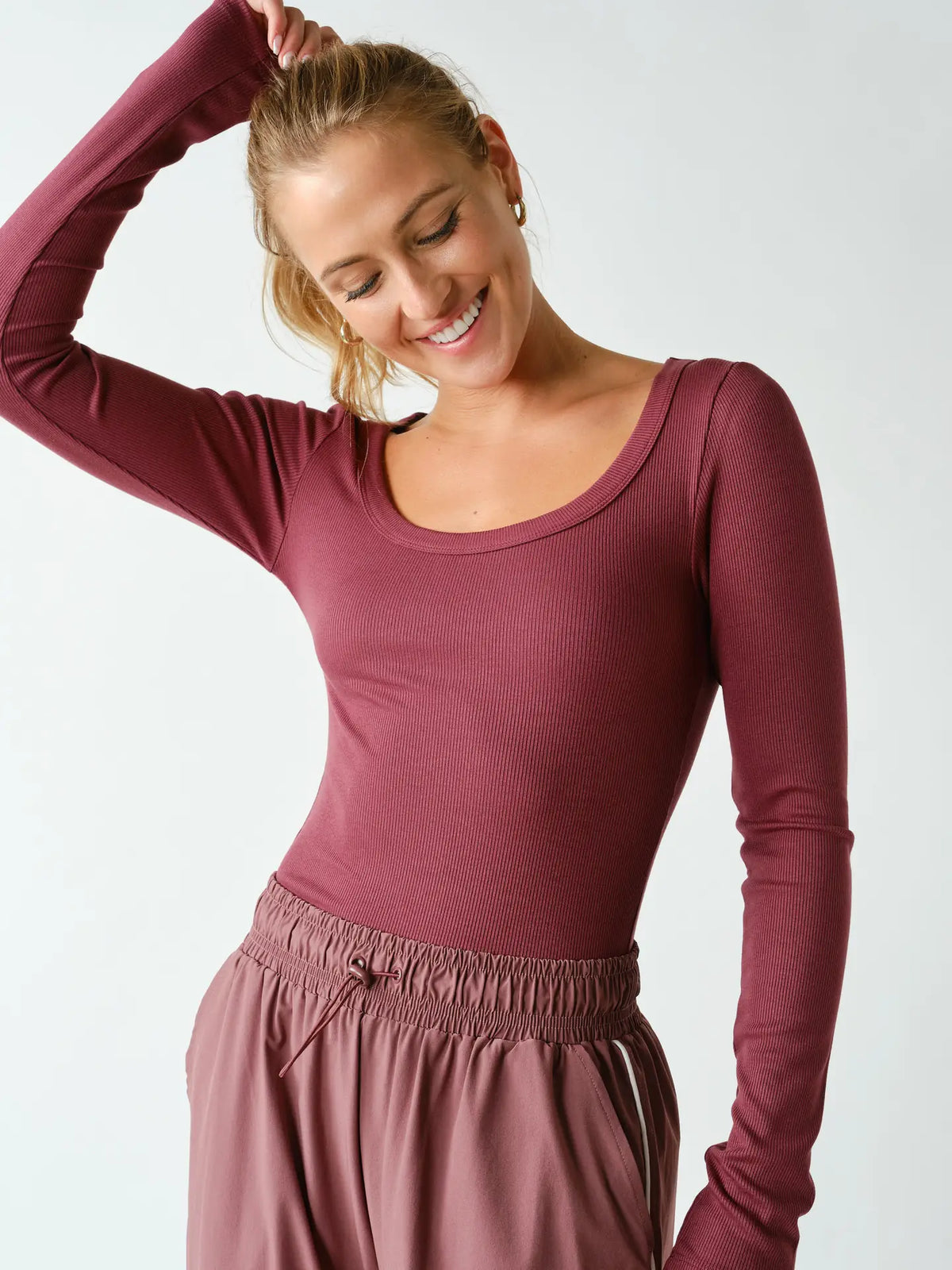 Scoop Neck Ribbed Long Sleeve Top