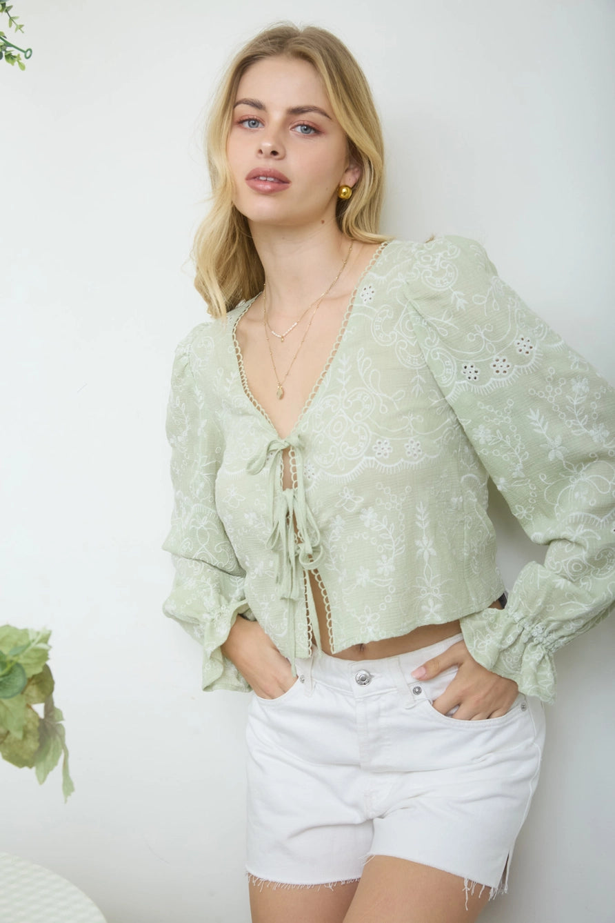 Embroidered Front Tie Top