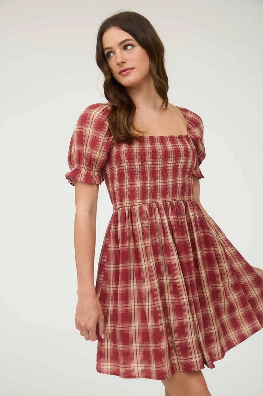 Plaid Smocked Sleeve Mini Dress