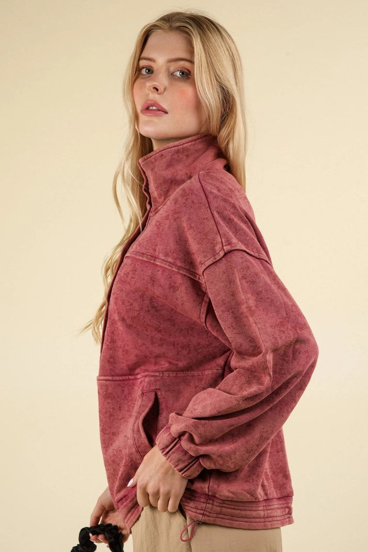 Mineral Washed Button Sweatshirt-Rose