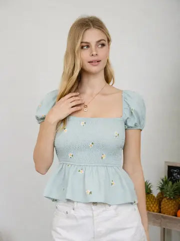 Floral Puff Sleeve Smocked Top