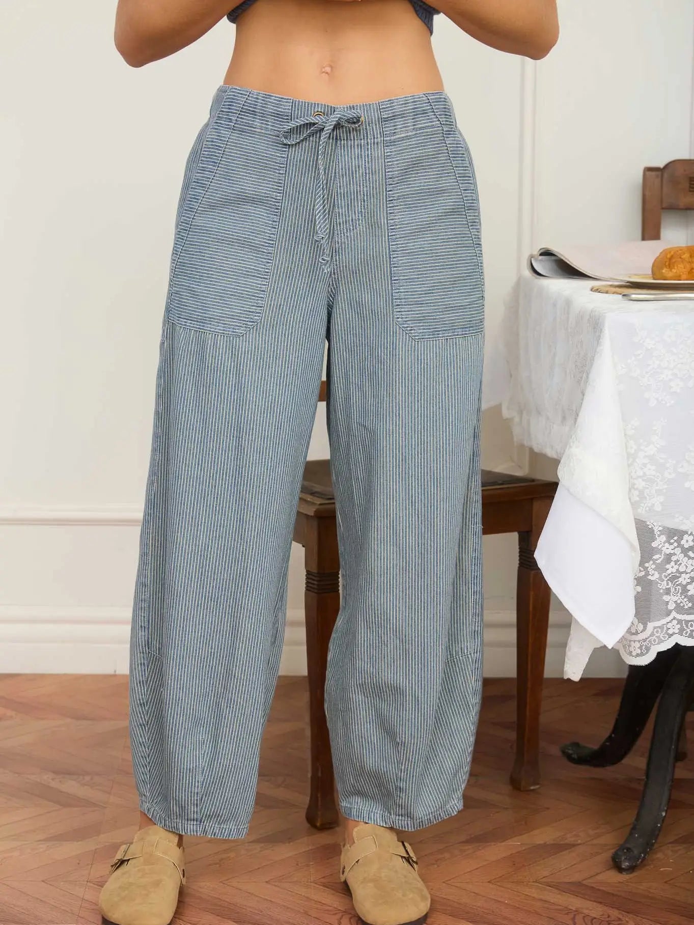 Stripe Denim Waist Tie Pants