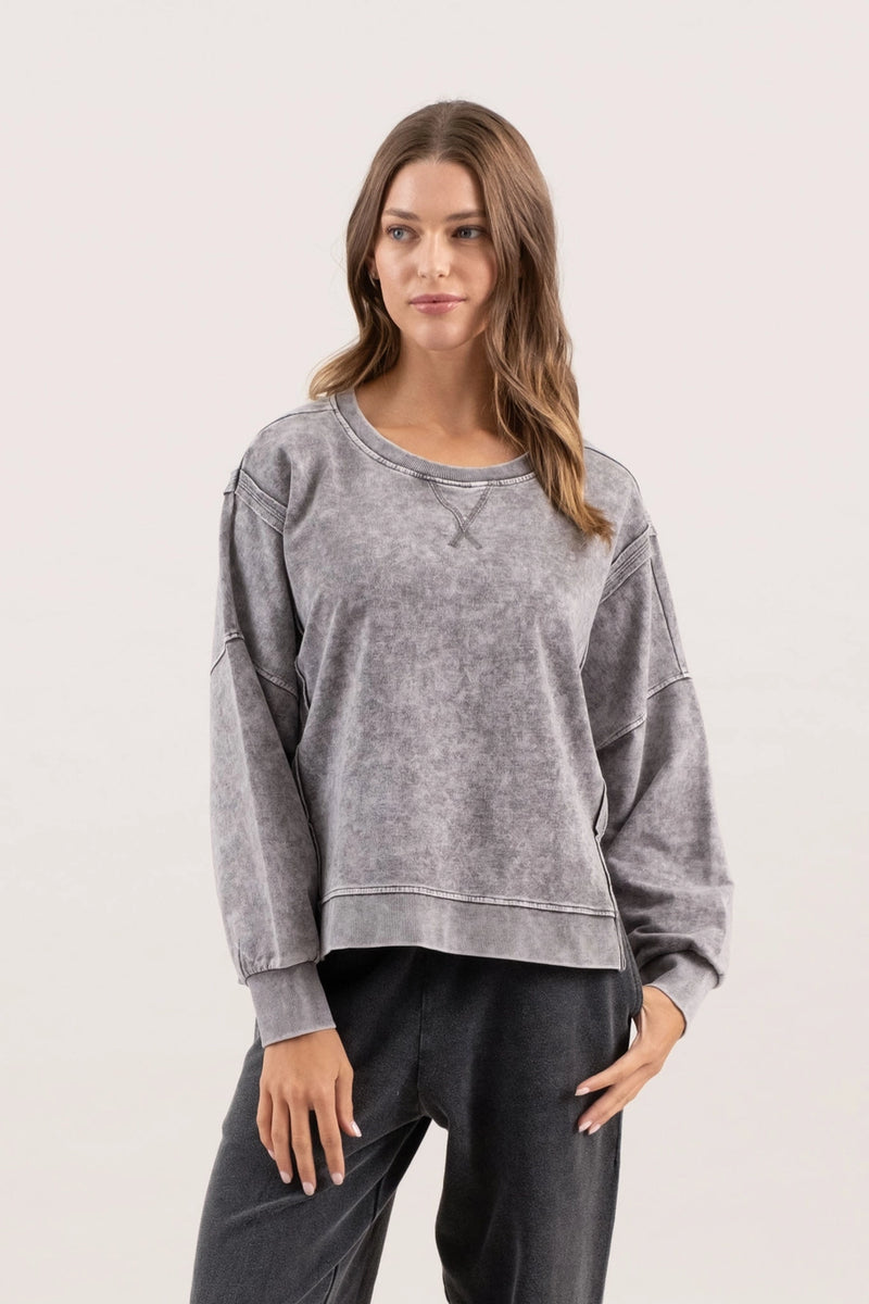 Washed Extended Shoulder Top-Charcoal