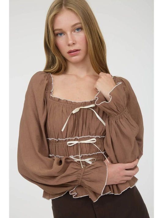 Bow Ruffle Sleeve Blouse