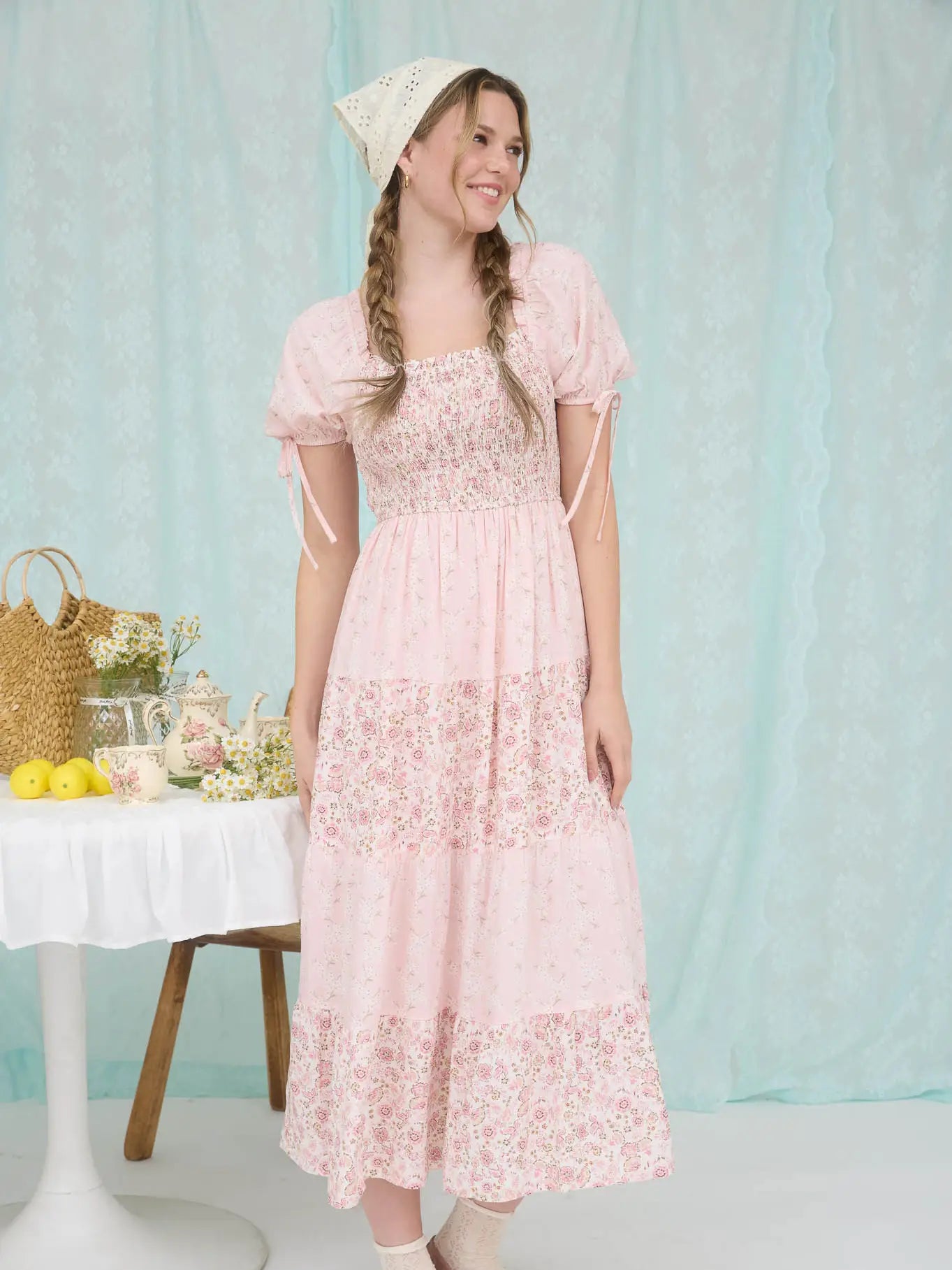 Colorblock Floral Puff Sleeve Dress