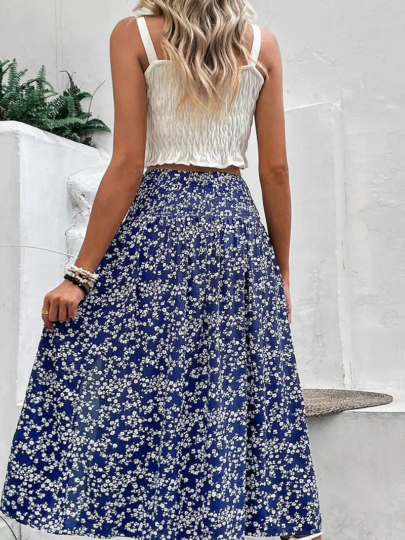 Navy Smocked Printed Skirt