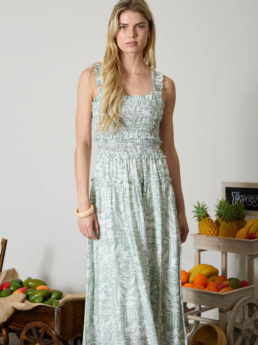Tile Pattern Ruffle Strap Midi Dress
