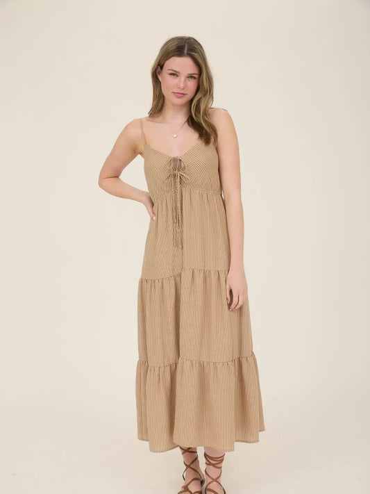 Khaki Stripe Cutout Tiered Midi Dress