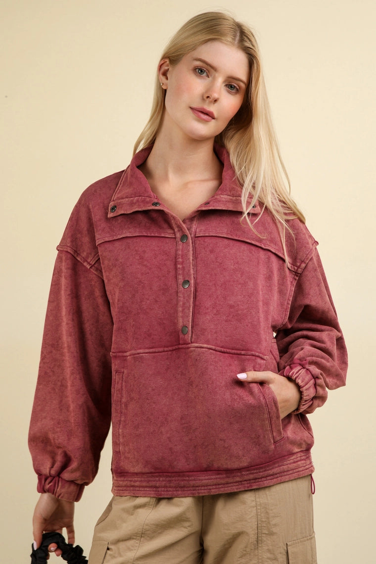 Mineral Washed Button Sweatshirt-Rose