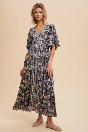 Boarder Print Flutter Sleeve Maxi-Navy