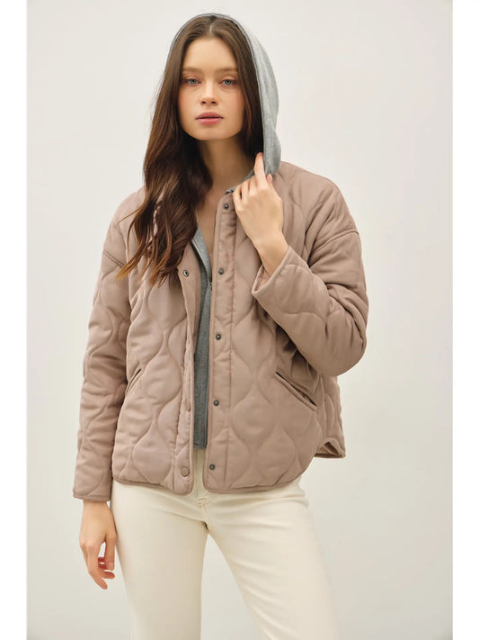 Mocha Quilted Jacket with Contrast Hood