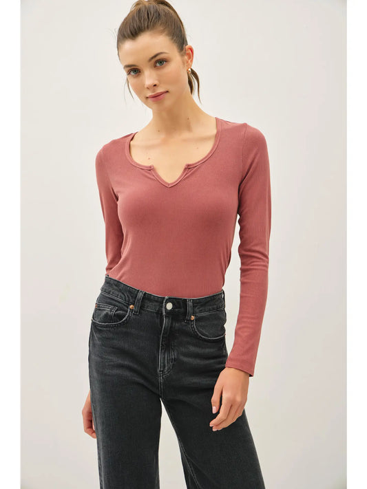 Ribbed Notched Neck Long Sleeve