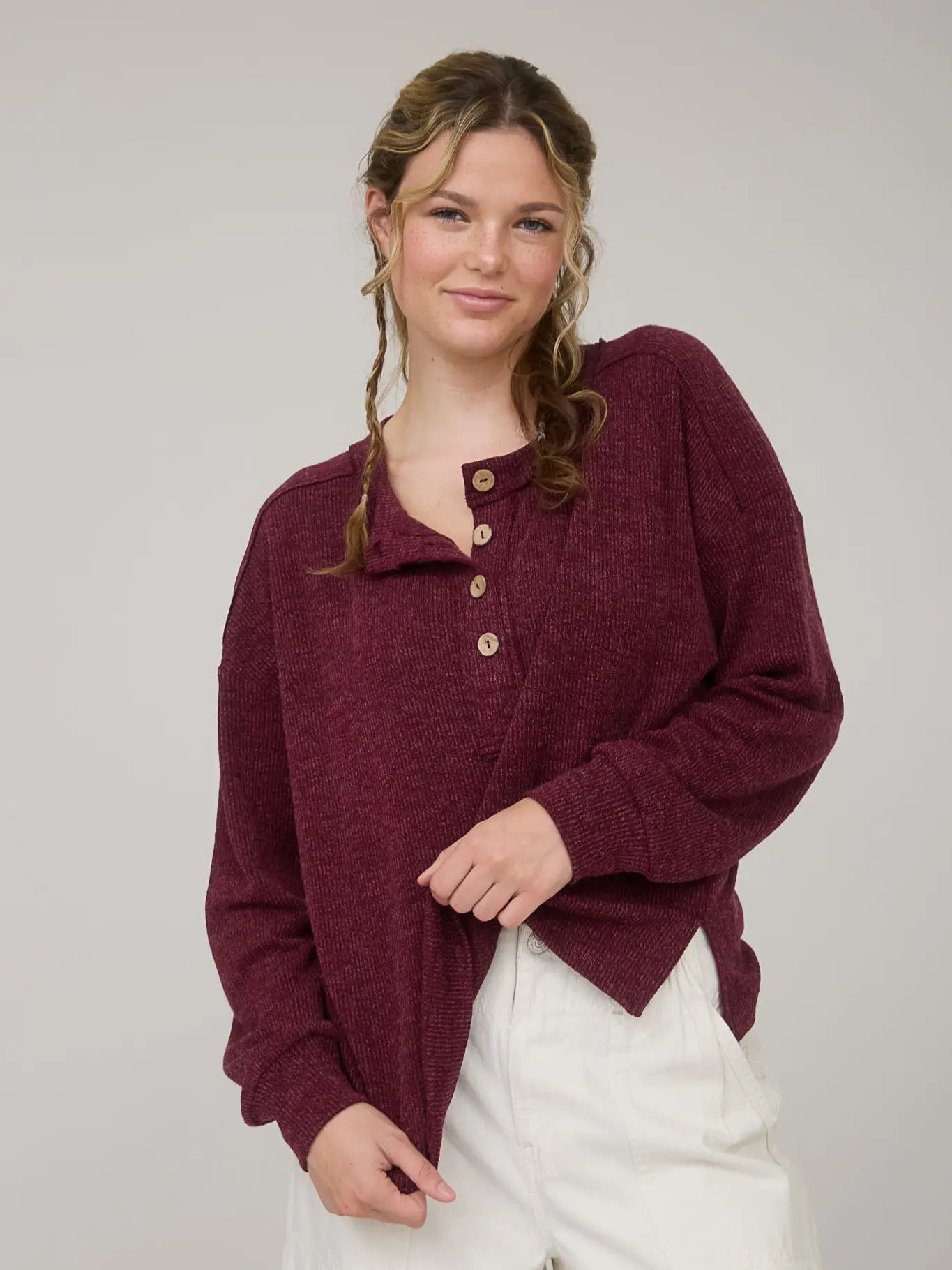 Ribbed Henley Long Sleeve Top