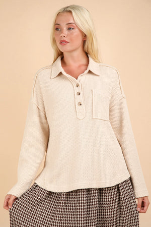 Textured Collared Henley Sweater-Cream