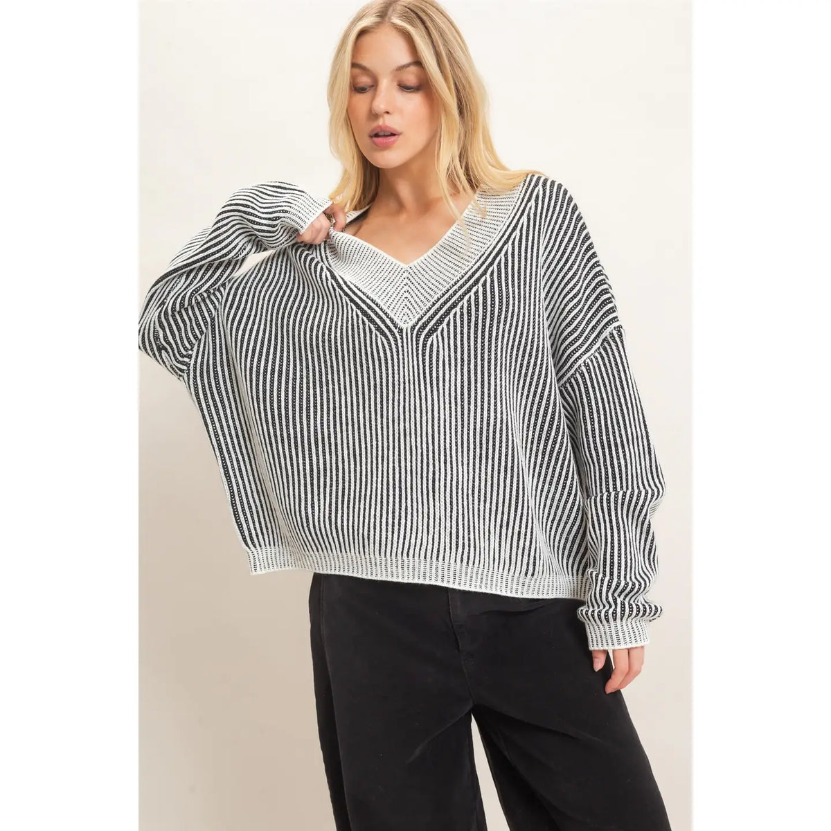 Striped V Neck Ribbed Sweater