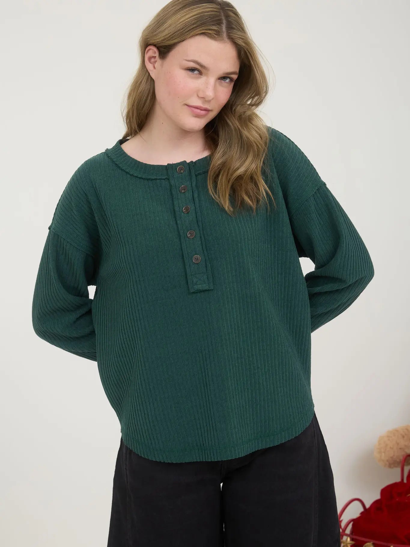 Ribbed Henley Button Top