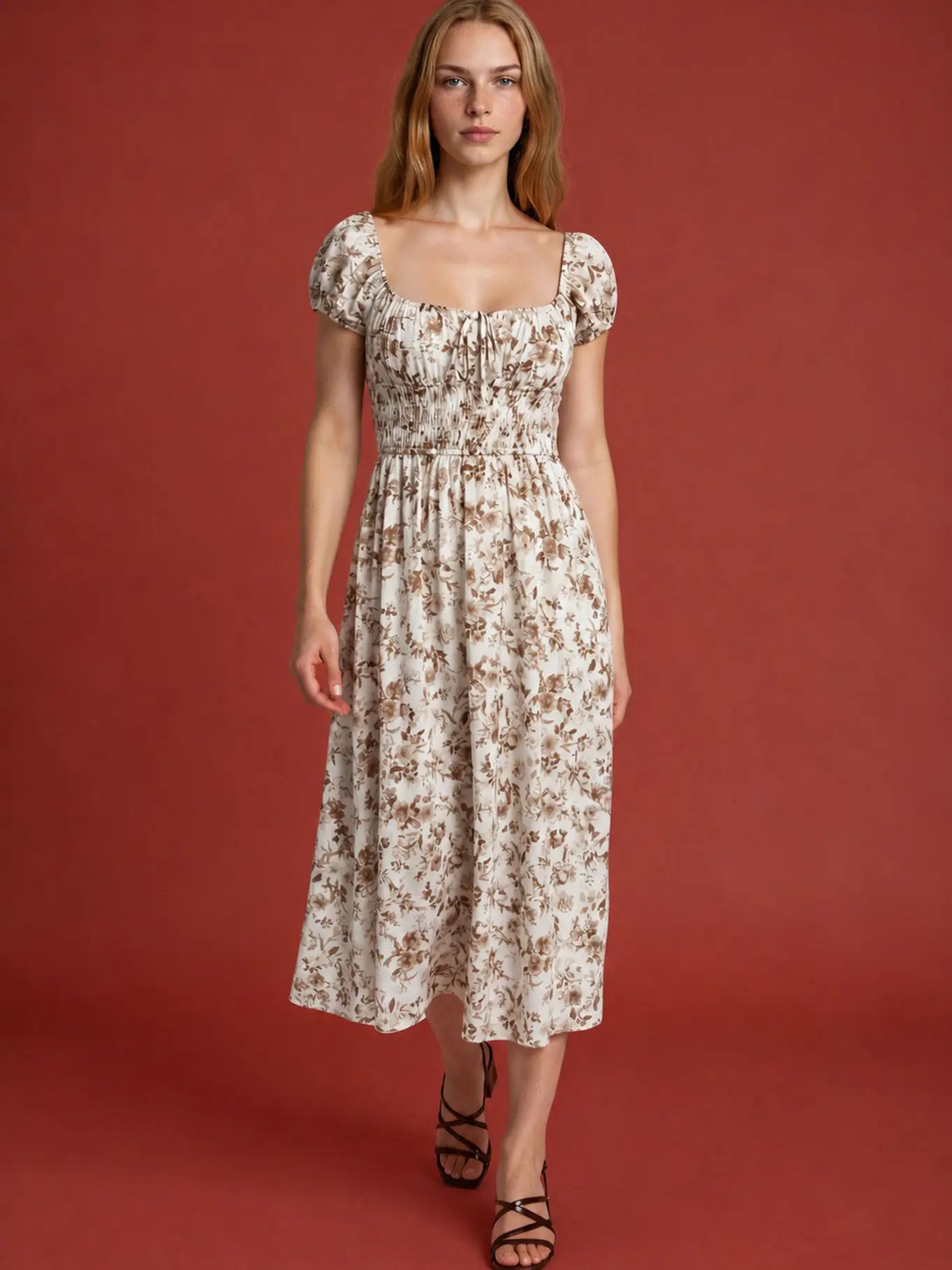 Floral Front Tie Short Sleeve Midi Dress