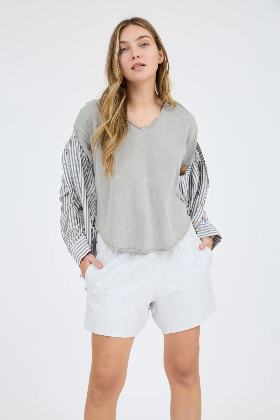 Raw Edge V Neck Top-Grey