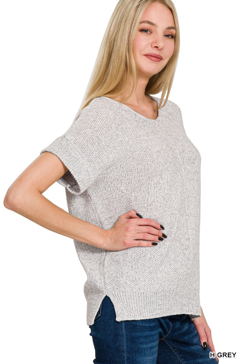 Center Seam Short Sleeve Sweater-Grey