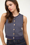 Reversible Button Stripe Cardigan Vest-Navy