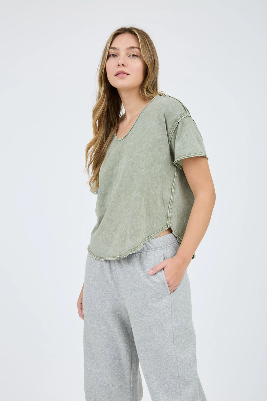 Raw Edge V Neck Top-Olive