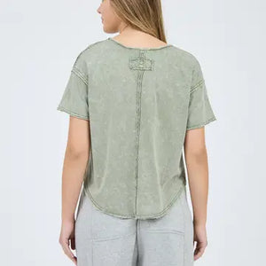 Raw Edge V Neck Top-Olive