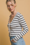 Tie Front Striped Cardigan-White