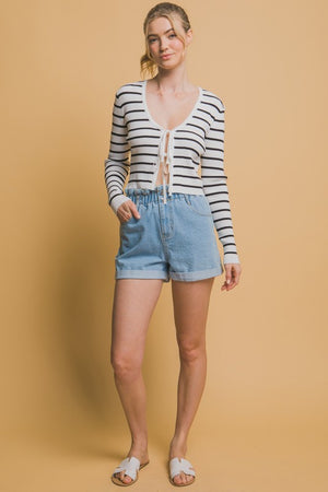 Tie Front Striped Cardigan-White