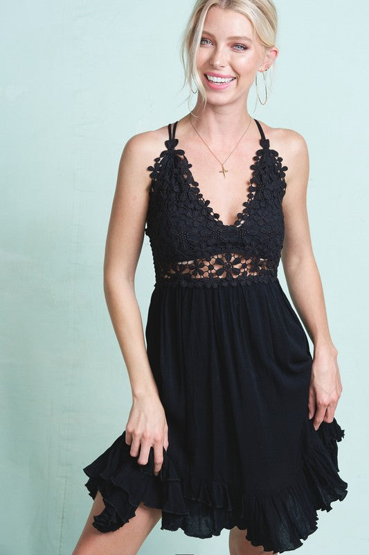 Flower Crochet Black Dress
