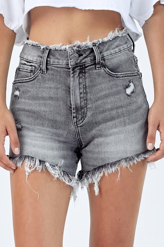 Grey Frayed Hem and Waist Shorts