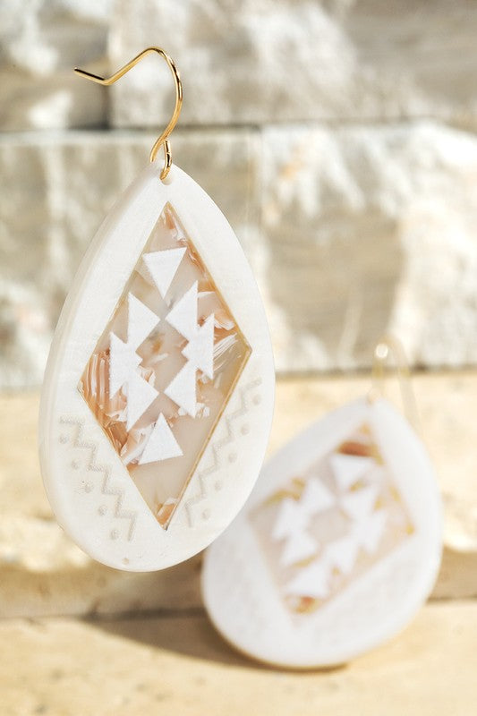 Aztec Print Teardrop Earrings-Ivory