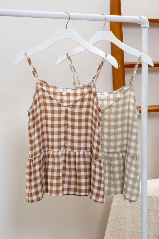 Olive Gingham Buttoned Top