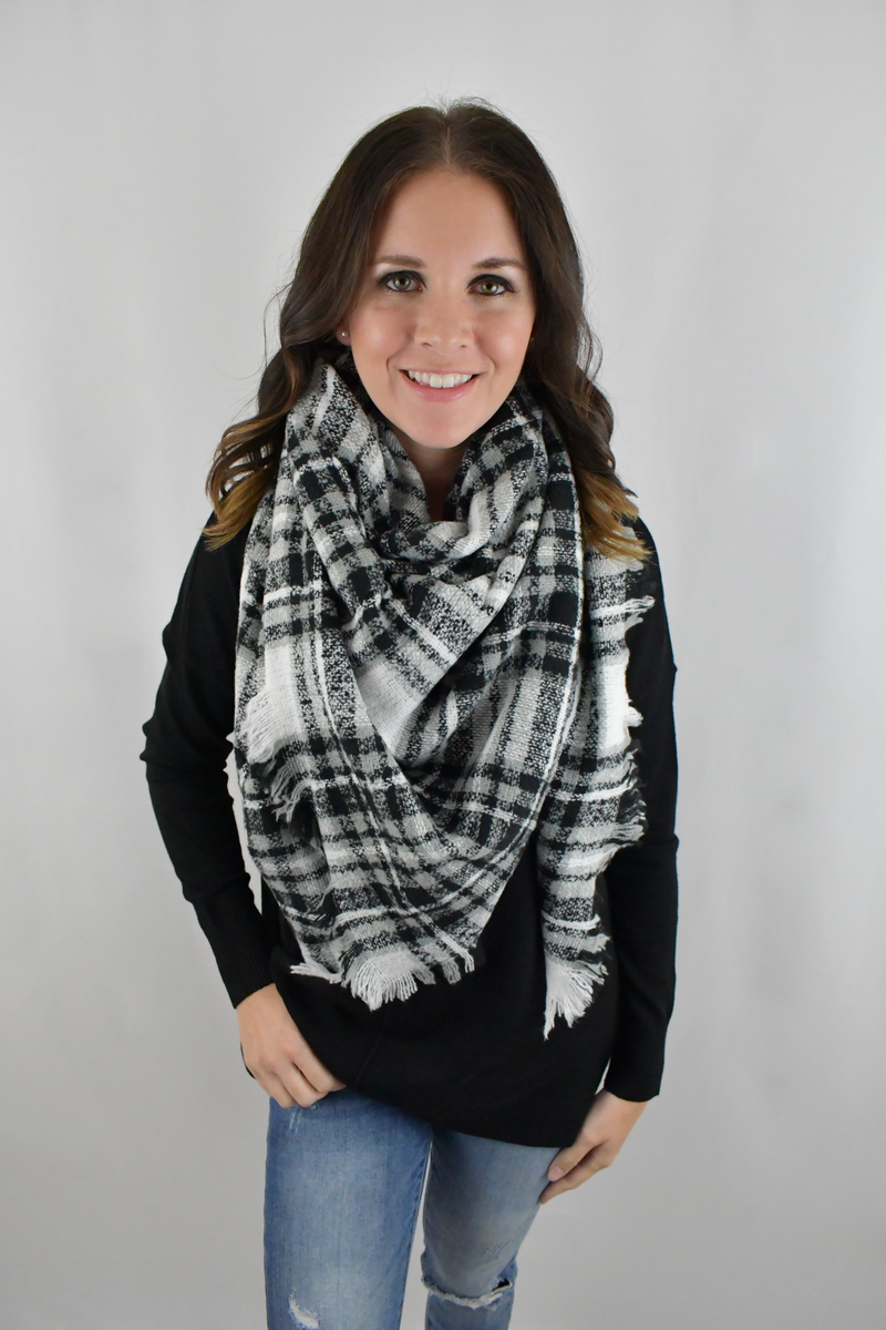 Say Yes To Plaid Black/White Blanket Scarf