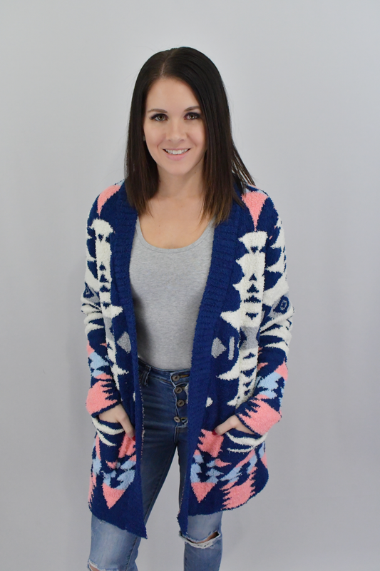 Adventure Awaits Aztec Cardigan-Blue