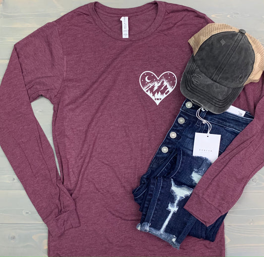 Mountain Pocket Heart Long Sleeve Graphic Tee
