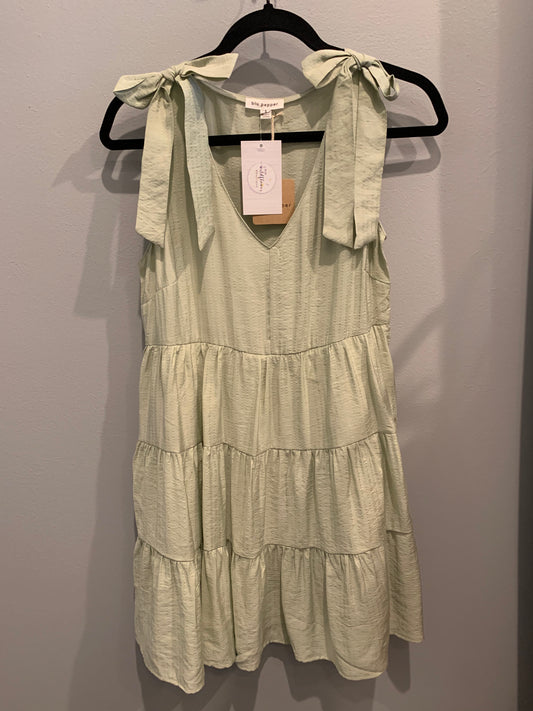 Shoulder Tie Tiered Sage Dress